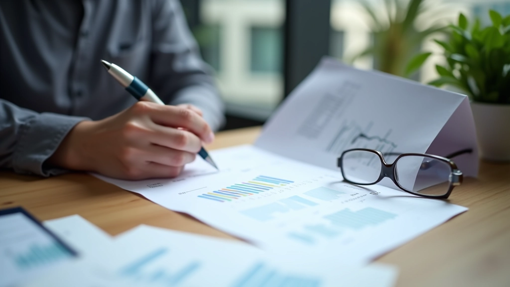 Balance sheet document with columns and figures on an accountant's desk