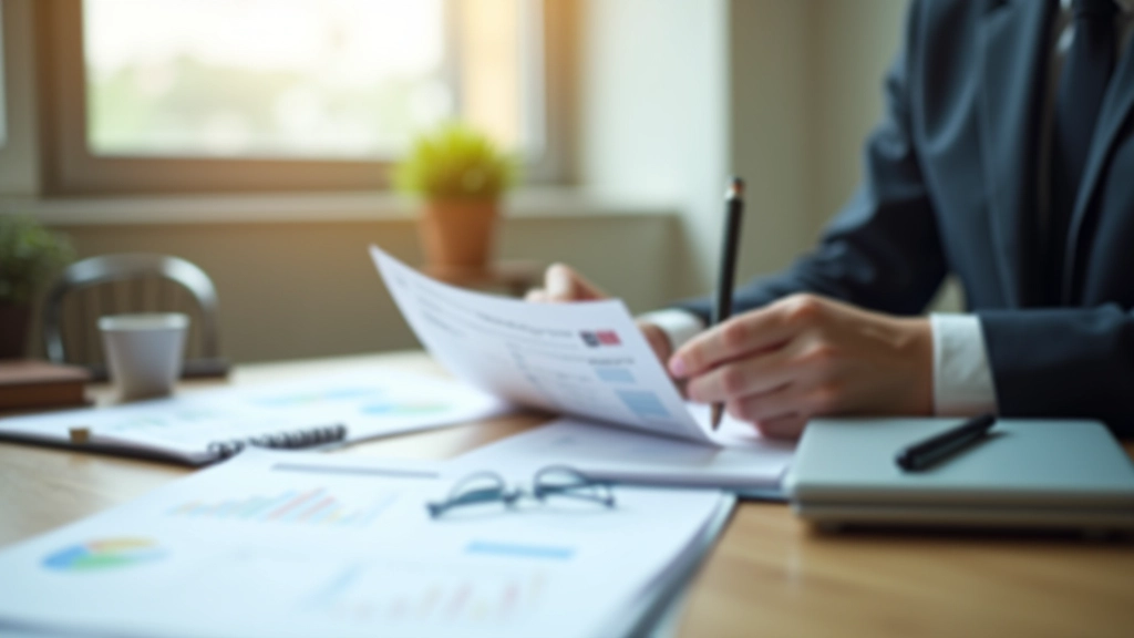 Person reading financial reports and taking notes at a bright workspace