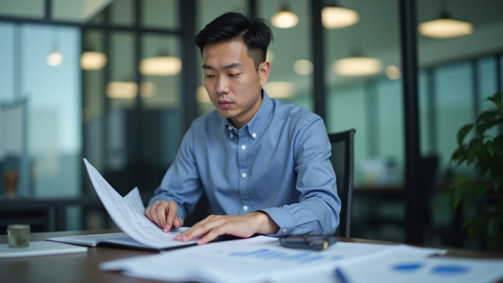 Financial professional analyzing income statement document with calculator and notes on desk