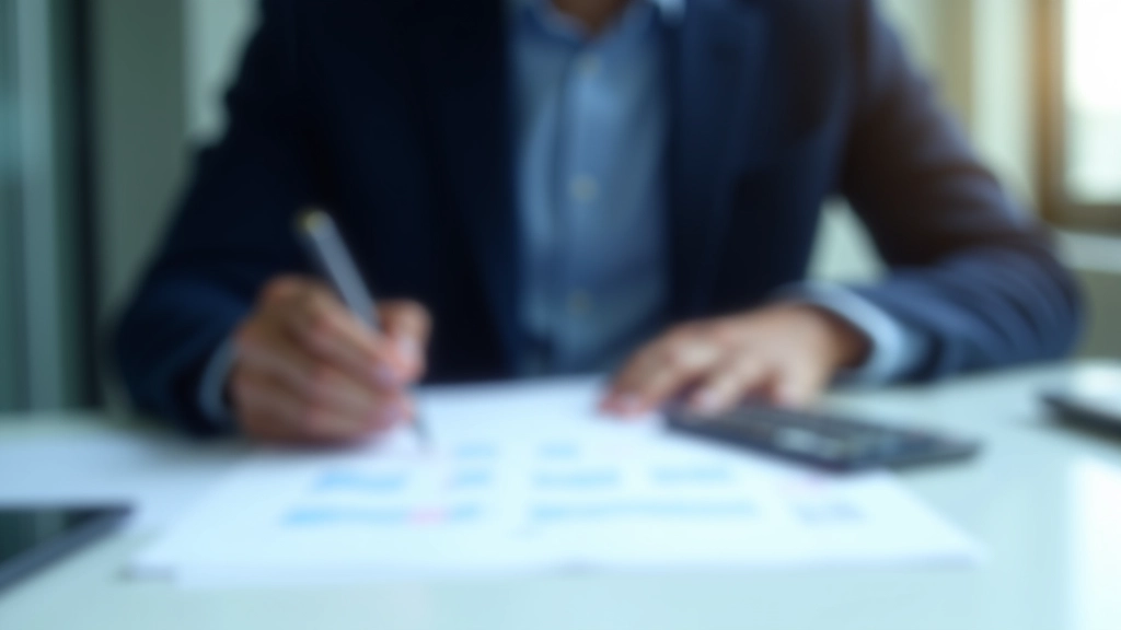 Financial analyst examining balance sheet components with pen and calculator at desk