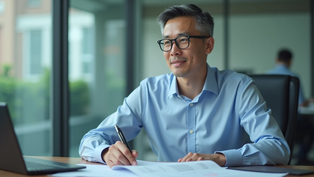 David Lam working at his desk reviewing financial statements and HKFRS documentation in a modern Hong Kong office setting